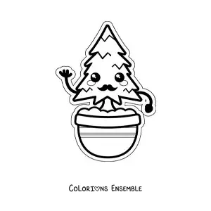 Coloriage d'un pin kawaii à moustache dans un pot