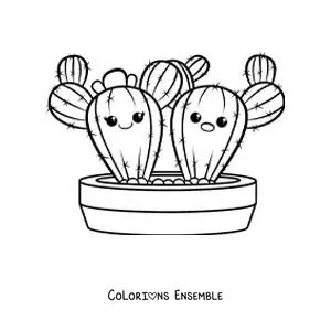 Coloriage de deux cactus kawaii amoureux