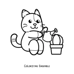 Coloriage d'un chat qui arrose un cactus