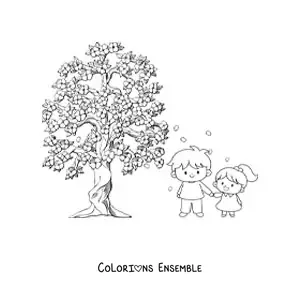 Coloriage d'enfants près d'un cerisier en fleurs