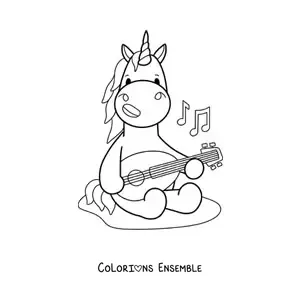 Coloriage d'une licorne kawaii qui joue du luth
