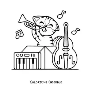 Coloriage d'un chat kawaii qui joue des instruments de musique