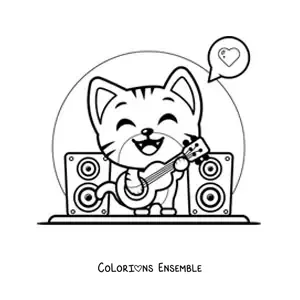 Coloriage d'un chat kawaii qui joue de la guitare en concert