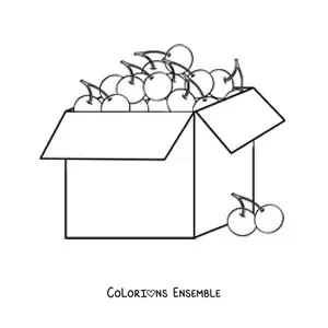 Image à colorier d'une boîte pleine de cerises avec deux cerises à côté