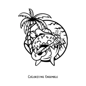 Coloriage d'un donut qui joue de la guitare sur la plage