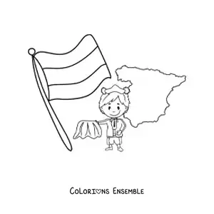 Coloriage du drapeau de l'Espagne sans blason avec un torero kawaii et une carte