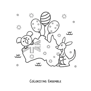 Coloriage du drapeau de l'Australie sur une carte avec un kangourou et un koala kawaii