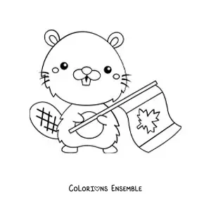 Coloriage d'un castor kawaii avec le drapeau du Canada