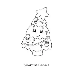 Coloriage d'un sapin de Noël kawaii avec des cannes en sucre