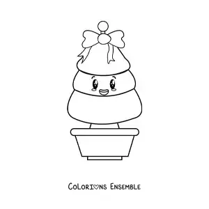 Coloriage d'un sapin de Noël kawaii avec un nœud