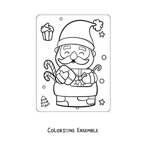 Coloriage du Père Noël kawaii dans la cheminée avec des cadeaux