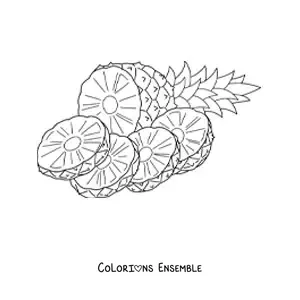 Image à colorier d'un ananas coupé en quatre morceaux