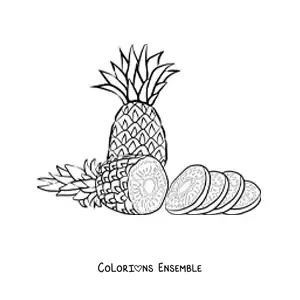 Image à colorier d'un ananas coupé en morceaux avec un autre ananas derrière