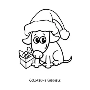 Image à colorier d'un chien kawaii avec un cadeau de Noël