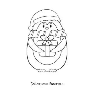 Image à colorier d'un pingouin avec un cadeau de Noël