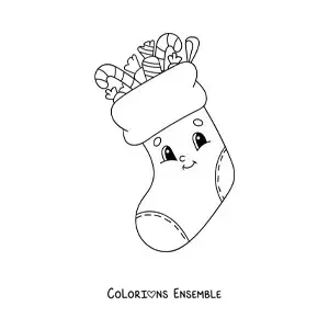 Image à colorier d'une botte de Noël animée remplie de cadeaux