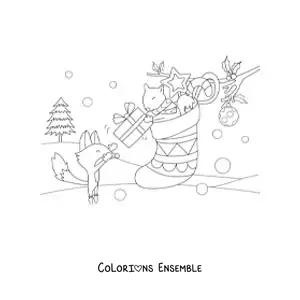 Image à colorier d'un écureuil et d'un renard kawaii avec une chaussette de Noël