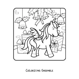 Image à colorier d'une licorne avec des cloches de Noël