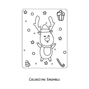 Image à colorier d'un renne de Noël animé avec un bonnet