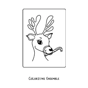 Image à colorier d'un cerf de Noël avec une canne en sucre