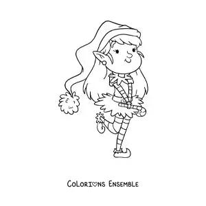 Image à colorier d'une petite fille déguisée en lutin de Noël