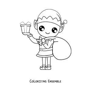 Image à colorier d'un elfe de Noël avec une hotte de cadeaux