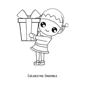 Image à colorier d'un elfe de Noël avec un cadeau