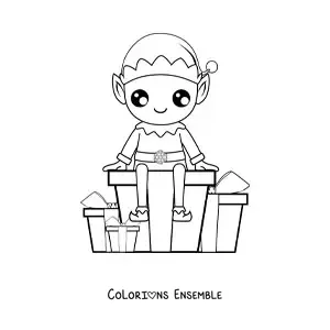 Image à colorier d'un elfe de Noël avec des cadeaux