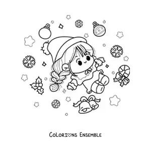 Image à colorier d'une petite fille de Noël kawaii