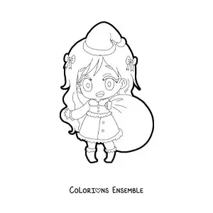 Image à colorier d'une fille kawaii en tenue de Noël avec une hotte de cadeaux, style anime