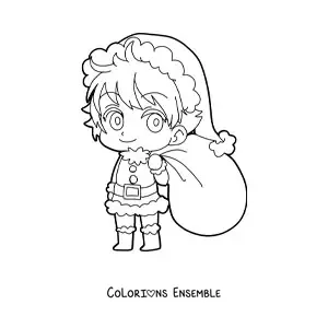 Image à colorier d'un garçon kawaii en tenue de Noël avec une hotte de cadeaux, style anime