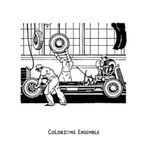 Image à colorier d’hommes assemblant une voiture dans une usine