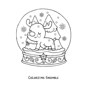 Image à colorier d'une boule à neige kawaii avec un renne