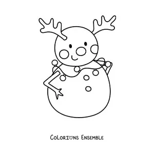 Image à colorier d'un bonhomme de neige déguisé en renne kawaii