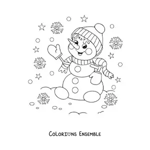 Image à colorier d'un bonhomme de neige animé avec une écharpe et des flocons de neige