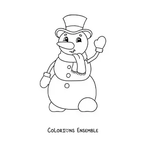 Image à colorier d'un bonhomme de neige animé avec un chapeau et une écharpe