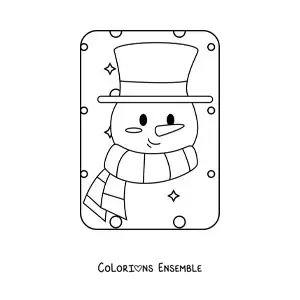 Image à colorier du visage d'un bonhomme de neige avec un chapeau et une écharpe