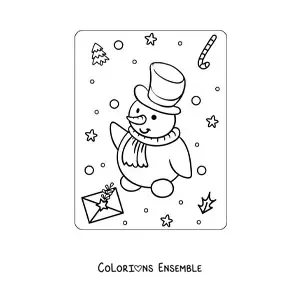 Image à colorier d'un bonhomme de neige de Noël kawaii