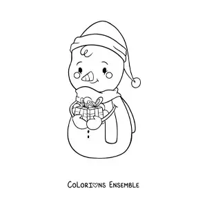 Image à colorier d'un bonhomme de neige kawaii avec des cadeaux