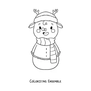 Image à colorier d'un bonhomme de neige déguisé en renne kawaii avec une écharpe