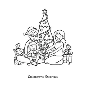 Image à colorier d'une famille réunie à Noël près du sapin