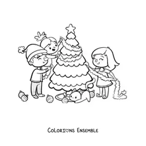 Image à colorier d'une famille kawaii et son chat qui décorent le sapin de Noël