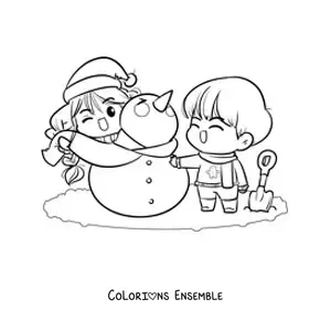 Image à colorier d'un couple qui construit un bonhomme de neige