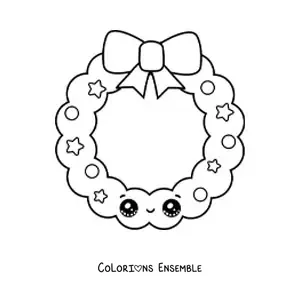 Image à colorier d'une couronne de Noël kawaii