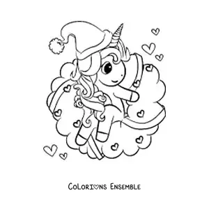 Image à colorier d'une couronne de Noël kawaii avec une licorne