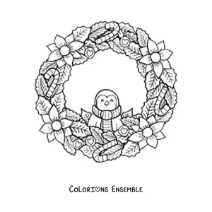 Image à colorier d'une couronne de Noël avec un pingouin kawaii et des fleurs