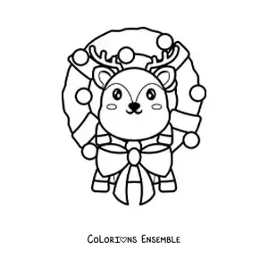 Image à colorier d'une couronne de Noël avec un renne kawaii