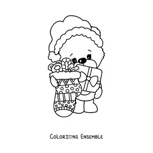 Image à colorier d'un ours kawaii avec des cadeaux et une botte de Noël