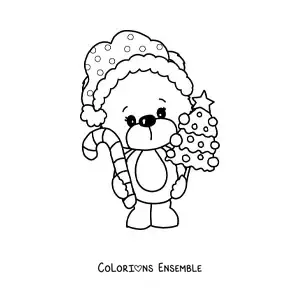 Image à colorier d'un ours de Noël avec un sapin et une canne en sucre