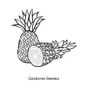 Image à colorier d'un ananas avec un autre ananas coupé en deux